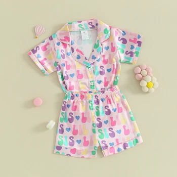 Летние пижамы для девочек в тон сестре, рубашки с отложным воротником и короткими рукавами, Шорты, Пижамы