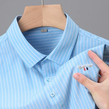 Летняя мужская повседневная рубашка с лацканами, Высококачественная Корейская версия, трехцветная вышивка, хлопок с короткими рукавами в тон, Cool M-4XL