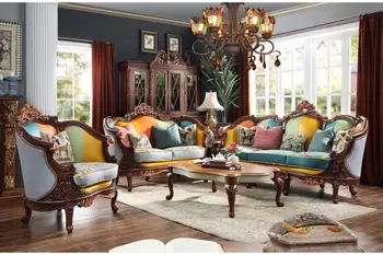 Мебель для гостиной итальянская ретро мода теплый цвет желтый и синий текстура сращивания красное дерево массив дерева кожаная ткань диван