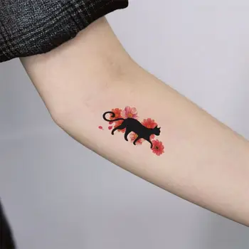 Милые наклейки с татуировками черного кота для женщин, модные временные татуировки для девочек, водонепроницаемая стойкая искусственная татуировка на лодыжке, татуировка в виде цветка на руке