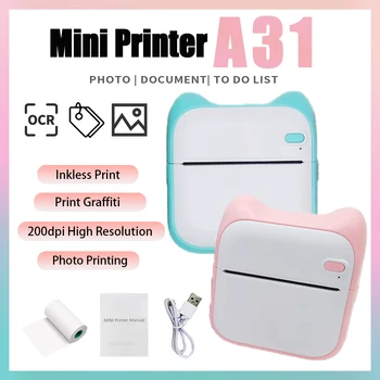 Мини-принтер A31, карманный термопринтер с Bluetooth, портативный принтер наклеек без чернил, беспроводной фотопринтер для печати этикеток