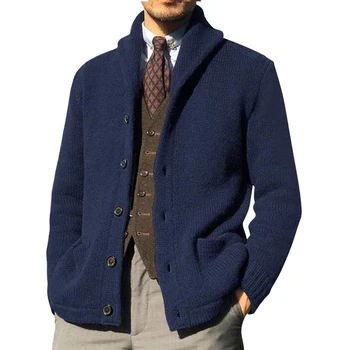 Мужская одежда, Повседневный свитер с длинным рукавом и пуговицами, пальто, мужская верхняя одежда с воротником-лацканом 2023, Винтажная зимняя толстая вязаная куртка