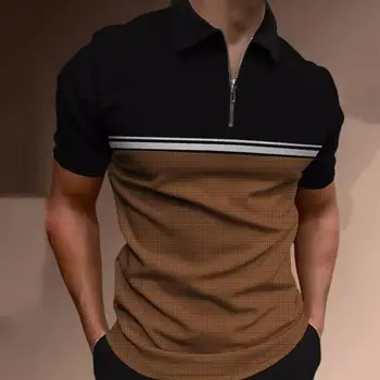 Мужская рубашка-поло, рубашка для гольфа, повседневные праздничные лацканы, молния на четверть, короткие рукава, модная летняя обычная футболка в базовом цветовом блоке