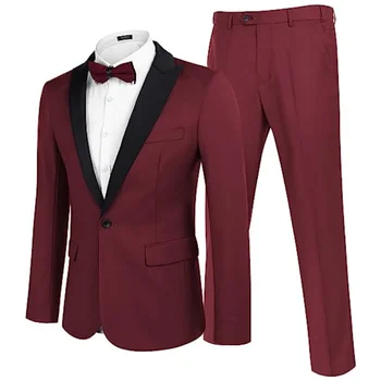 Мужской костюм Бордовый, 2 предмета с черным отворотом, приталенный для свадьбы, деловой Повседневный рабочий комплект смокинга для жениха, куртка и брюки