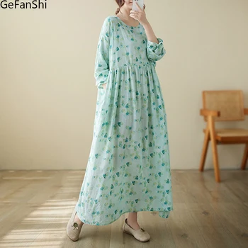 Новые Весенне-осенние платья с винтажным принтом с длинным рукавом, женские Корейские модные Свободные Повседневные Длинные платья, элегантная одежда