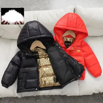 Новый детский пуховик черного золота для мальчиков и девочек, утолщенный и теплый, модная короткая зимняя куртка с капюшоном, детская одежда