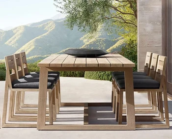 Обеденный стол из тикового дерева в скандинавском стиле, комбинация во внутреннем дворе, обеденный стол из массива дерева на открытом воздухе, балкон, повседневный