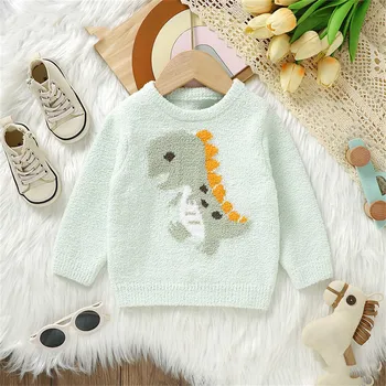 Осенне-зимний свитер для малышей от 3 до 3 лет, жаккардовый вязаный свитер с милым динозавриком, трикотажный пуловер с длинным рукавом и круглым вырезом, детские топы