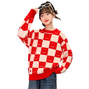 Осенне-зимняя детская одежда для подростков, свитер в клетку с длинным рукавом для девочек, теплый пуловер, повседневная верхняя одежда от 4 до 13 лет