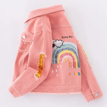 Пальто Детская одежда ковбойская куртка для девочек пальто модное розовое с отверстиями и радужными блестками отложной воротник пуговица Универсальное классное