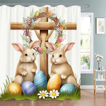 Пасхальная занавеска для душа Happy Easter с кроличьими яйцами Пасхальная занавеска для душа в винтажном стиле для украшения ванной комнаты