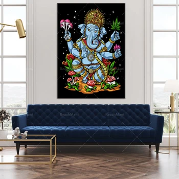 Плакат на холсте с индуистским Богом Ганешей-Психоделическое украшение стен Волшебным грибом-Художественные принты-Украшение комнаты сорняками