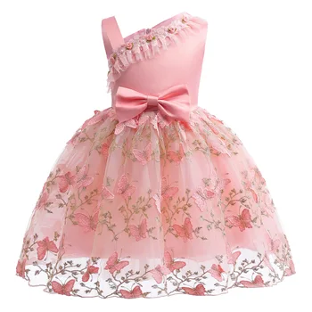 Платье для девочек 2024, Новая Сетка с вышивкой бабочками, Детские платья с косым плечом, Платье принцессы в цветочек, Детская одежда