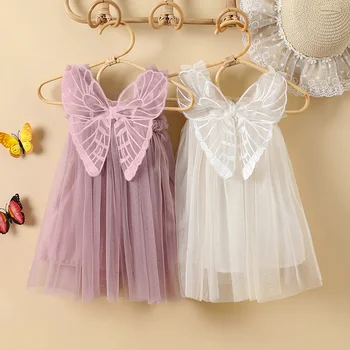 Платье для маленьких девочек от 1 до 5 лет, кружевное платье принцессы трапециевидной формы с крыльями бабочки, одежда для вечеринки по случаю дня рождения, летняя милая одежда