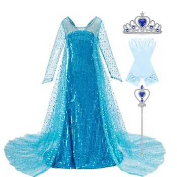 Платье принцессы для маленькой девочки, костюм Эльзы для косплея, Синий парик Эльзы, корона, Волшебная палочка, Детский Рождественский костюм на Хэллоуин 3-10 лет