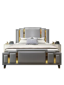 Постмодернистская светлая роскошная кровать, главная спальня, современная простая двуспальная кровать в гонконгском стиле из высококачественной кожи