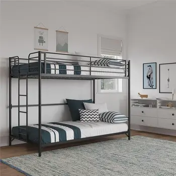 Простая в сборке металлическая детская двухъярусная кровать с приставными лестницами и защитным ограждением, двойная над двумя односпальными кроватями/Twin Over Full, черная