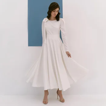 Простое свадебное платье Миди с длинными рукавами Трапециевидной формы, короткие платья для женщин 2023, белое свадебное платье с бантом невесты Чайной длины
