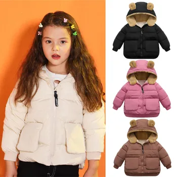 Пуховая детская парка 1-5 лет, куртки для младенцев, пальто, верхняя одежда, зимняя одежда с капюшоном с милым Медвежьим ухом, Хлопчатобумажная куртка для маленьких мальчиков и девочек