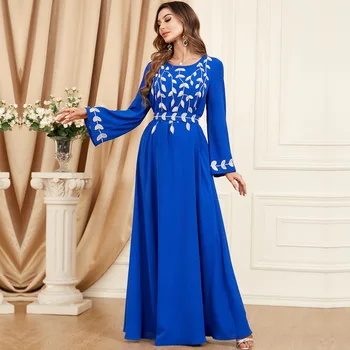 Рамадан Марокко Ближний Восток Дубай Новое повседневное арабское модное синее платье с вышивкой бисером Мусульманское исламское женское платье