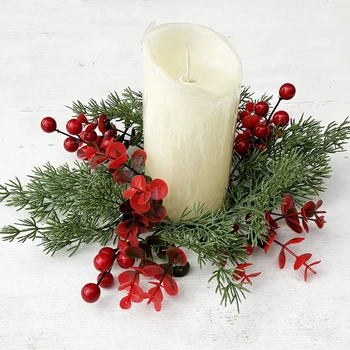 Рождественский венок из сосны с имитацией красной ягоды 25 см, кольца для свечей, фестиваль, вечеринка в честь Дня Благодарения, Подсвечник, декор стола