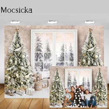 Рождественский фон Mocsicka для фотосъемки Рождественская елка Окно Лес Семейный портрет Фото Фон Фоны для студийной фотосессии