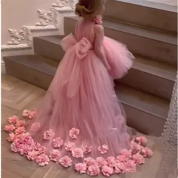 Розовые платья принцессы для девочек в цветочек для свадьбы с 3D аппликацией из тюля Пышное бальное платье без рукавов Платье подружки невесты Детская праздничная одежда