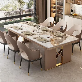 Роскошные обеденные столы и стулья из светлой каменной плиты, современный простой прямоугольный обеденный стол из мрамора на вилле