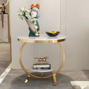 Роскошный двухслойный журнальный столик из мрамора, угловая Передвижная маленькая круглая мебель для дома в золотисто-черном каркасе