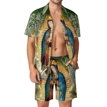 Рубашка с принтом Девы Марии, костюм из 2 предметов, винтажная рубашка с 3D принтом, пляжные шорты, комплект из 2 предметов, Гавайская уличная одежда для отдыха, мужские костюмы Оверсайз.