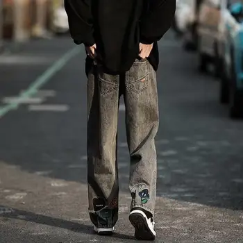 Свободные джинсы Уличная одежда Мужские Широкие джинсы с Мультяшной цветочной вышивкой Эластичный пояс Глубокие карманы в промежности для стильного