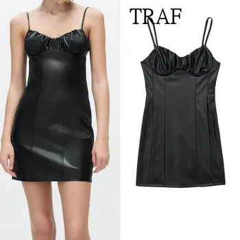 Сексуальное кожаное платье-комбинация TRAF Для женщин 2023, осенние винтажные Черные короткие платья, женское облегающее платье без рукавов с открытыми плечами