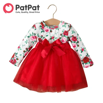 Сетчатое платье PatPat для маленькой девочки с цветочным принтом в виде розы, длинными рукавами и бантом спереди