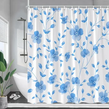 Синие занавески для душа в цветочек, Акварельные Цветы, Растения, Современный минималистичный Декор из полиэстеровой ткани для ванной Комнаты, Занавеска для ванны с крючками