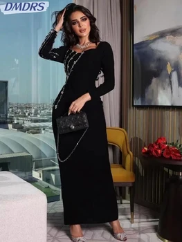 Скромное платье для выпускного вечера с квадратным вырезом и длинным рукавом, Блестящие бусины, Коктейльное платье из хрусталя, Черное атласное Прямое вечернее платье Robe De Mariée