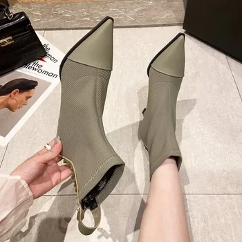 Стрейчевые носки в стиле ретро, женские осенне-зимние новые модные тонкие ботинки на молнии с острым носком, женская обувь на высоком каблуке