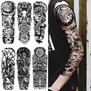 Супер Большой Компасный рукав для временной татуировки Для мужчин, Женщин, взрослых, Поддельные Татуировки с Племенным Тотемом, Наклейка с Татуировками Черного Льва на всю руку