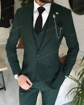 Темно-зеленый деловой костюм Жениха, мужские смокинги для женихов, Свадебная вечеринка, официальный случай, комплект из 3 предметов, куртка и брюки C14