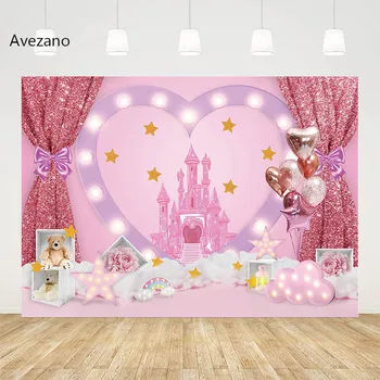 Фон для фотосъемки Avezano, портрет принцессы, Розовый замок, девушка с воздушным шаром, день рождения, торт, разбитый декор, фон для фотостудии