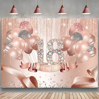Фон из розового золота с 18-м Днем Рождения, украшение, Розовый воздушный шар, бриллиант, 18-летний фон для фотосъемки Вечеринки, баннер Sweet18