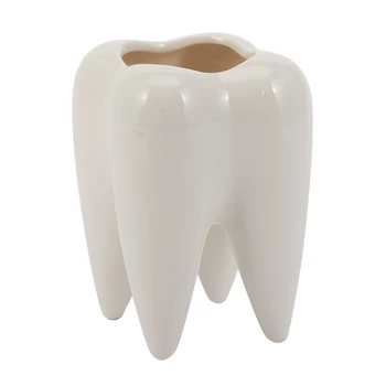 Форма зуба Белый керамический цветочный горшок Современный дизайн Модель зубов для плантатора Мини-настольный горшок Креативный подарок (без растений)