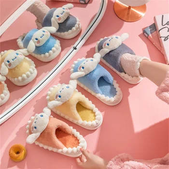 Хлопковые тапочки из аниме Kawaii Sanrio Cinnamoroll, милые детские нескользящие теплые домашние меховые тапочки на осень-зиму, подарки для девочек