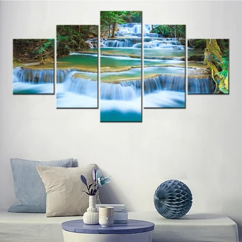 Холст с пейзажем из 5 частей, художественное оформление стен, плакат, обои с водопадом, домашний декор, модульная рамка для картин в гостиной