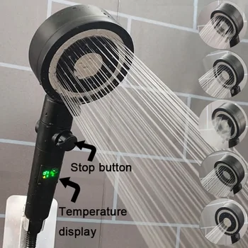 Цифровой дисплей температуры Насадки для душа Черный 5 режимов высокого давления с большим расходом, Массажная форсунка с дождевой насадкой для душа в ванной комнате