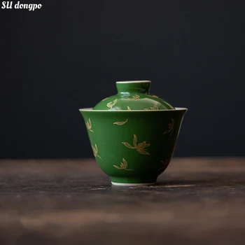 Чаша с изумрудной позолоченной крышкой, Антикварная Осенняя Водяная Орхидея Гайвань, Чаша для приготовления чая в китайском стиле, фарфор для кунг-фу Gaiwan