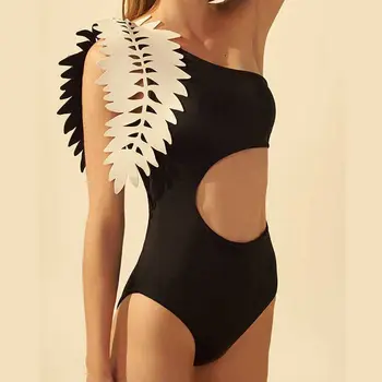 Черный купальник с одним плечом, украшенный листьями, Сексуальное бикини с высокой талией и вырезом, Элегантные облегающие купальники в стиле Ретро, мода 2022 года