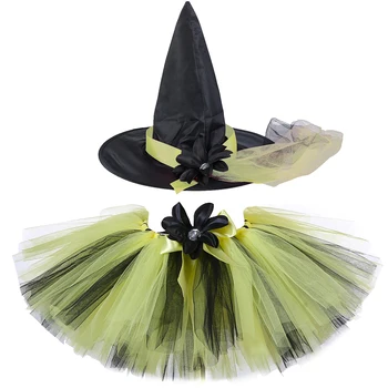 Юбка-пачка для девочек-ведьм со шляпой, черные Желтые юбки с цветочным бантом для девочек, тюлевая юбка-пачка для маленьких девочек, детские костюмы на Хэллоуин